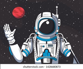 Astronaut greeting from space woth mars planet scenery cartoon vector illustration graphic design