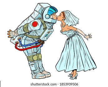 The astronaut groom and the bride kiss. Pop art retro illustration kitsch vintage 50s 60s style