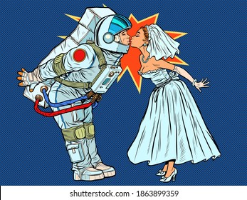 The astronaut groom and the bride kiss. Pop art retro illustration kitsch vintage 50s 60s style