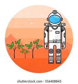 Astronaut grow plants on Mars. Human mission to Mars. For web design and application interface, also useful for infographics. Thin line icon. Vector Illustration.