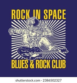 Astronaut Guitar Surfing in Space Hand Drawing Vector Illustration Blues and Rock Club Design