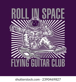 Guitarra astronauta Surfing in Space Hand Drawing Vector Ilustración Flying Guitar Club Design