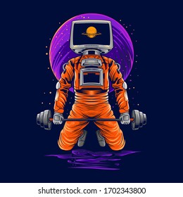 astronaut gym fitness on space vector illustration