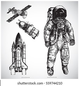 Astronaut hand drawn vector illustration . Set of  space elements