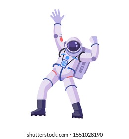 Astronaut with Hands Up and Waving Hello. Spaceman dancing, funny gesture. Cartoon vector illustration isolated in white background.