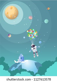 Astronaut hang on balloon floating in space with over earth,Paper art idea and craft style.