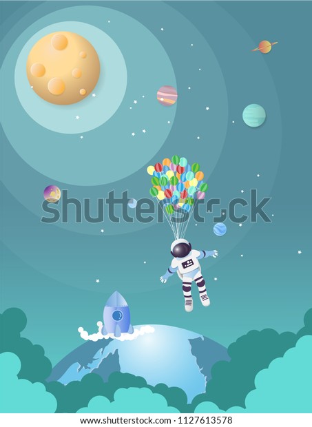 Astronaut hang on balloon floating in\
space with over earth,Paper art idea and craft\
style.