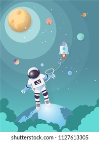 Astronaut hang on rocket floating in space,Paper art idea and craft style.