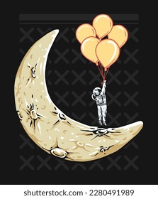 Astronaut hanging five balloons and the moon illustration