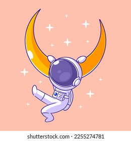 The astronaut is hanging from the moon with his hands