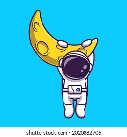 Astronaut Hanging On Moon Cartoon Vector Icon Illustration. Science Technology Icon Concept Isolated Premium Vector. Flat Cartoon Style