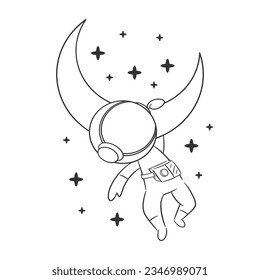Astronaut hanging on the moon with one hand for coloring