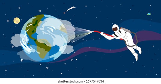 Astronaut hanging in space spraying hygienic spray to clean the planet earth from Corona virus