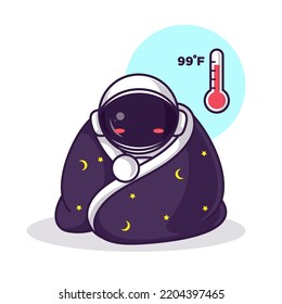 an astronaut has a fever, he cover up his body with blanket Cartoon Illustration Vector file. Isolated Premium Vector icon, every object is on separated layer. Flat Cartoon Style