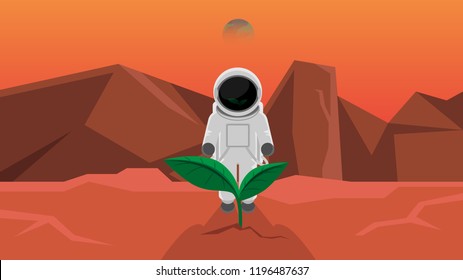 Astronaut have found a young plant on Mars, Vector Illustration Art.