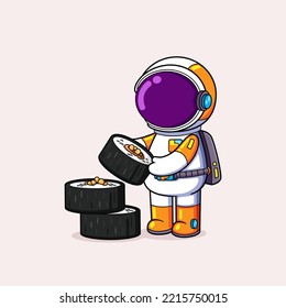 The astronaut is having many foods and so hungry that he is going to eat them of illustration