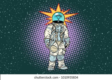 Astronaut Head Light Bulb Idea. Pop Art Retro Vector Illustration.