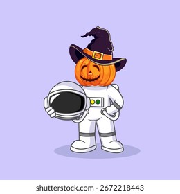 Astronaut Head Pumpkin With Hat Witch Vector Illustration Cartoon Design