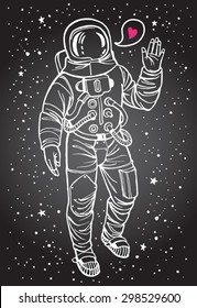 Astronaut with heart. Cosmonaut with raised hand in salute. Speech bubble with tiny pink heart. Hand drawn spacesuit illustration. White stroke.