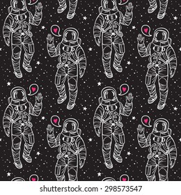 Astronaut with heart and stars seamless vector pattern. Spacesuit with raised hand in salute. Speech bubble with pink heart. Cosmic background. White stroke on black backdrop. 
