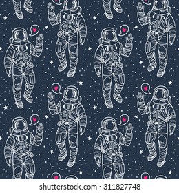 Astronaut with heart and stars seamless vector pattern. Spacesuit with raised hand in salute. Speech bubble with pink heart. Cosmic background. White stroke on dark blue backdrop. 
