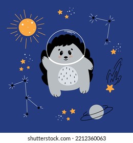  Astronaut hedgehog, hedgehog flying in space, children's illustrations on the space theme, spaceships, aliens, comet, planet, asteroid, space, galaxy, rocket flying into space, alien ship