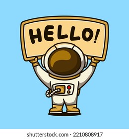 Astronaut with hello sign mascot cartoon character, flat design style