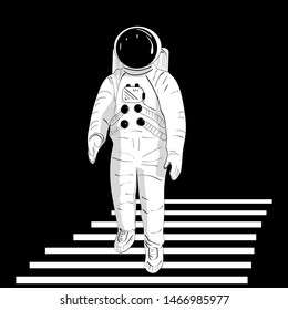 An astronaut in helmet against a black background goes down the white stairs and holds out his hand for a handshake