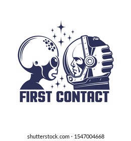 Astronaut in helmet and alien first contact face-to-face. Space retro concept. Vector illustration.