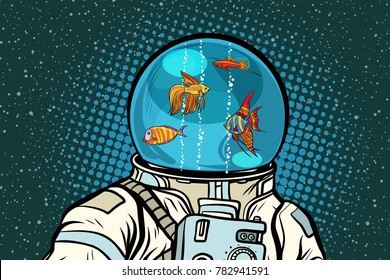 Astronaut with helmet aquarium with fish. Pop art retro vector illustration