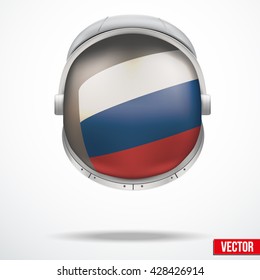 Astronaut helmet with big glass with flag Russia reflecting on visor glass. Vector Illustration Isolated White Background. 