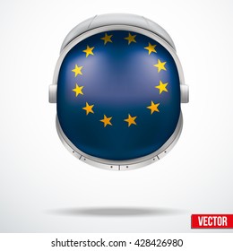 Astronaut helmet with big glass with flag Europe reflecting on visor glass. Vector Illustration Isolated White Background. Astronaut flag and EU astronaut. Astronaut costume and helmet. Nasa costume.