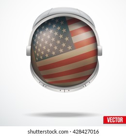 Astronaut helmet with big glass with flag USA reflecting on visor glass. Vector Illustration Isolated White Background. 