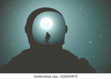 Astronaut in helmet. Close-up of cosmonaut head. Sci Fi. Full moon