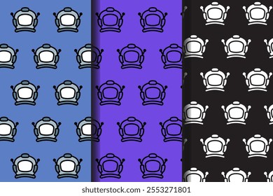 astronaut helmet colorful pattern on blue, purple, black background set. doodle astronaut outline symbol seamless pattern background. funny astronaut helmet seamless pattern for decor and merchandise