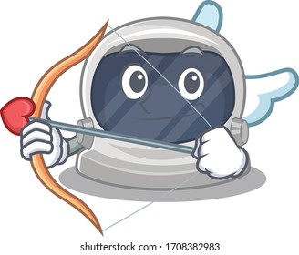 Astronaut helmet in cupid cartoon character with arrow and wings