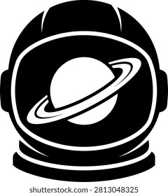 Astronaut helmet design featuring a planet with rings, symbolizing space exploration and adventure
