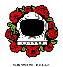 Astronaut helmet And flowers. Spacesuit And roses. spaceman helmet And flower. Cosmic tattoo. vector background