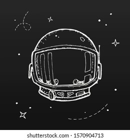 Astronaut helmet, hand drawn vector sketch illustration on dark background. Chalk board drawing style.