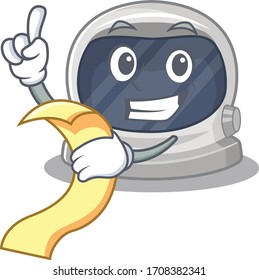 Astronaut helmet mascot character design with a menu on his hand