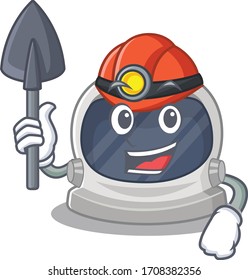 Astronaut helmet miner cartoon design concept with tool and helmet