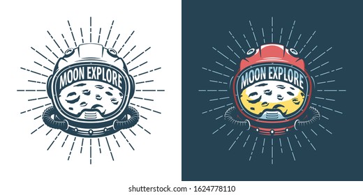 Astronaut helmet and moon - vintage logo. Space explore retro emlem. Vector illustration.