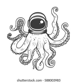 astronaut helmet with octopus tentacles. Design element for t-shirt print, poster. Vector illustration.