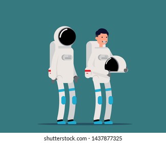 Astronaut with helmet on  and off. Vector illustration space pilot concept, Isolated, Cosmonaut pilot, Happy flat cartoon character design.