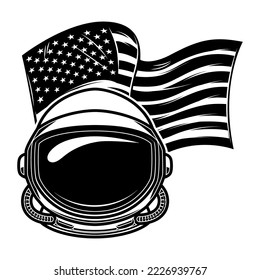 Astronaut helmet on usa flag background. Design element for poster, card, banner, design. Vector illustration