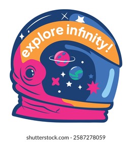 Astronaut helmet with planets and explore infinity text, flat sticker 
