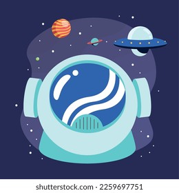 astronaut helmet with planets icons