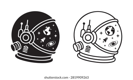 astronaut helmet reflecting space in black silhouette and outline art vector icon