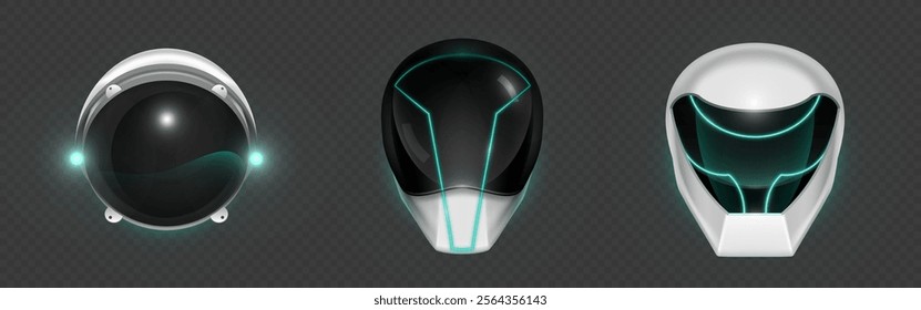 Astronaut helmet set with futuristic 3d design and turquoise neon glowing tech elements. Space headgear collection - spherical visor, sleek mask and protective gear. Cosmos exploration suit equipment.