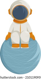 An astronaut in a helmet sits on the planet. Cartoon vector illustration of outer space, astronomical elements and stickers